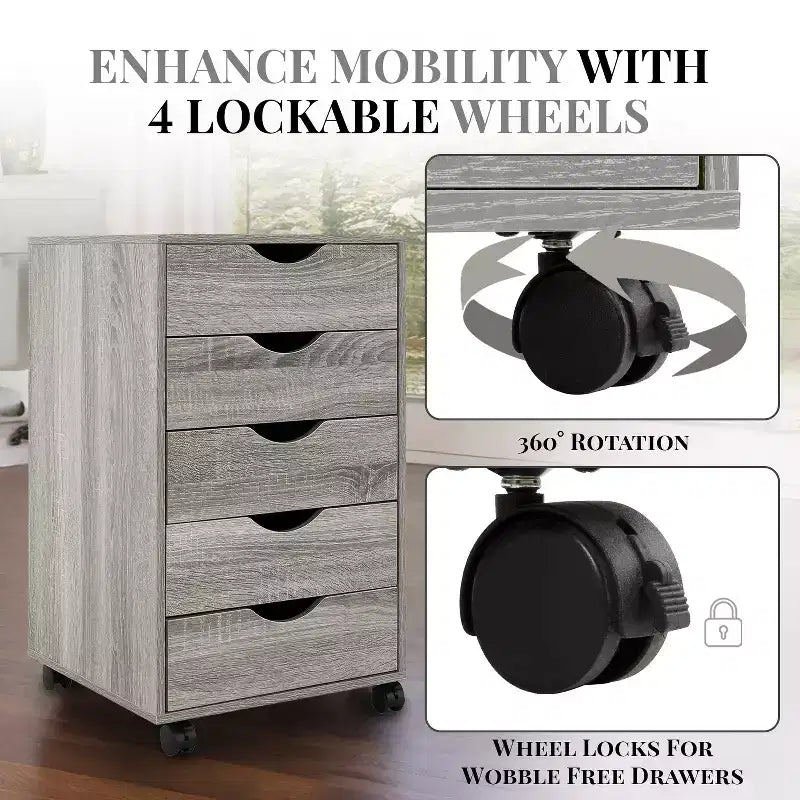 Meuble de rangement à 5 tiroirs pour documents, rangement intelligent avec séparateurs réglables, roulettes verrouillables et glissières fluides