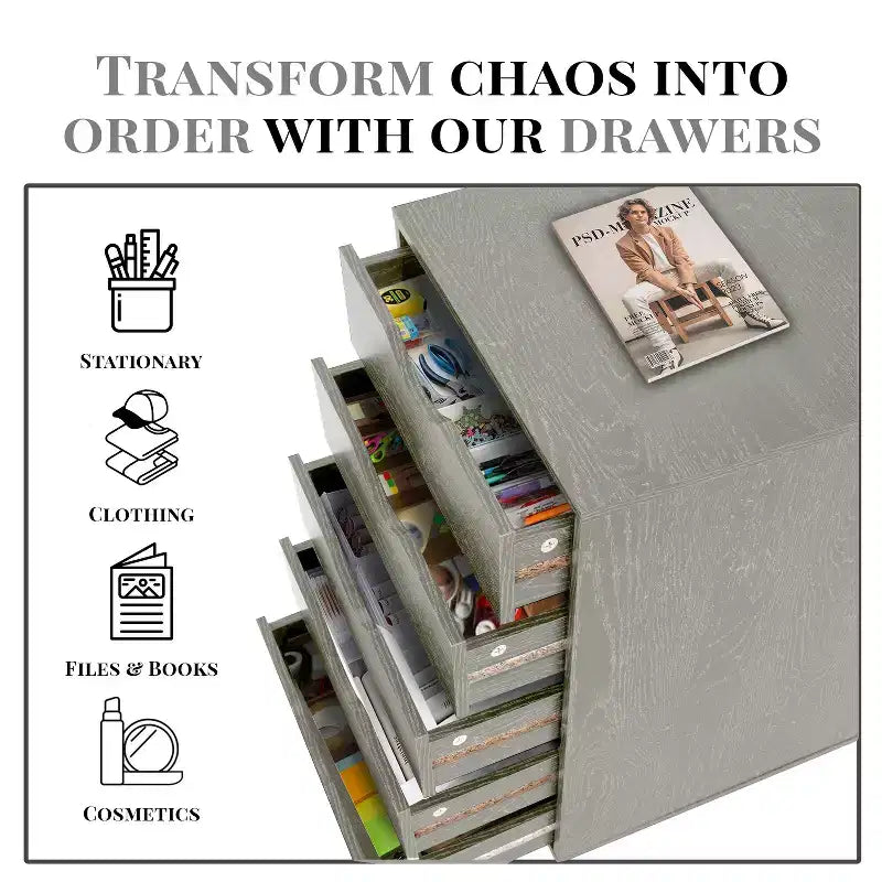 Meuble de rangement à 5 tiroirs pour documents, rangement intelligent avec séparateurs réglables, roulettes verrouillables et glissières fluides