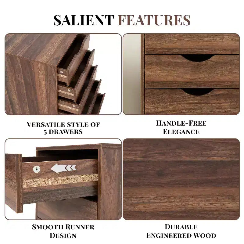 Meuble de rangement à 5 tiroirs pour documents, rangement intelligent avec séparateurs réglables, roulettes verrouillables et glissières fluides