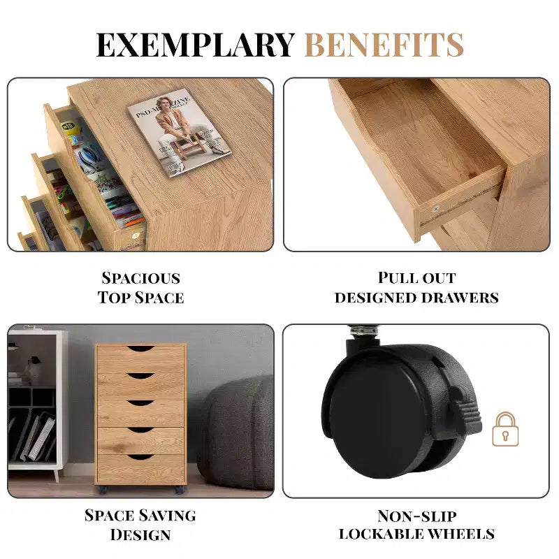 Meuble de rangement à 5 tiroirs pour documents, rangement intelligent avec séparateurs réglables, roulettes verrouillables et glissières fluides