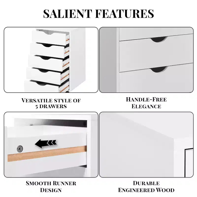 Meuble de rangement à 5 tiroirs pour documents, rangement intelligent avec séparateurs réglables, roulettes verrouillables et glissières fluides