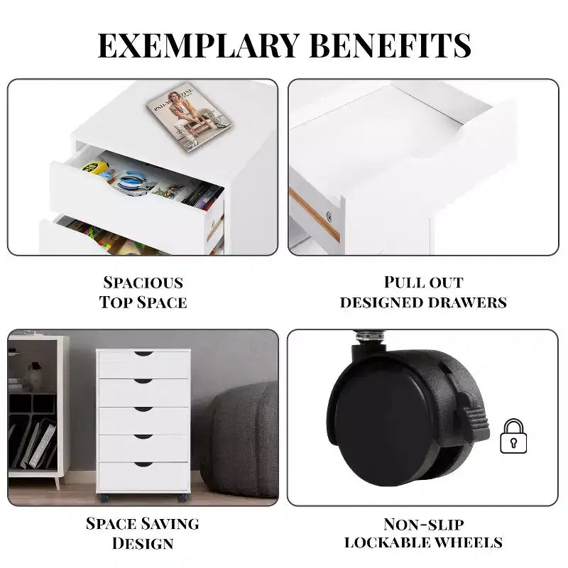Meuble de rangement à 5 tiroirs pour documents, rangement intelligent avec séparateurs réglables, roulettes verrouillables et glissières fluides