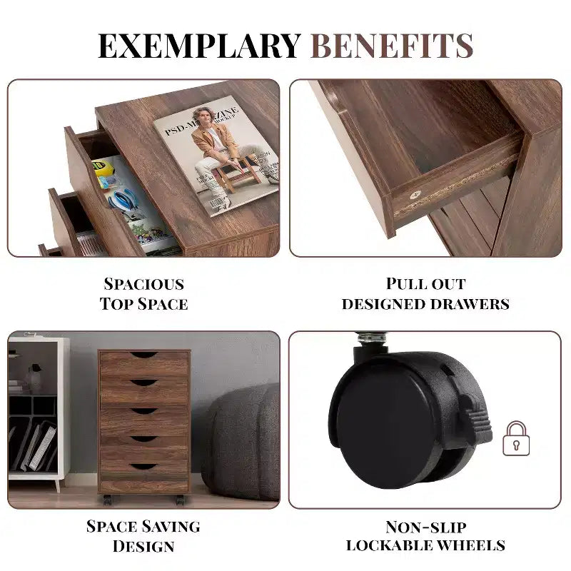 Meuble de rangement à 5 tiroirs pour documents, rangement intelligent avec séparateurs réglables, roulettes verrouillables et glissières fluides