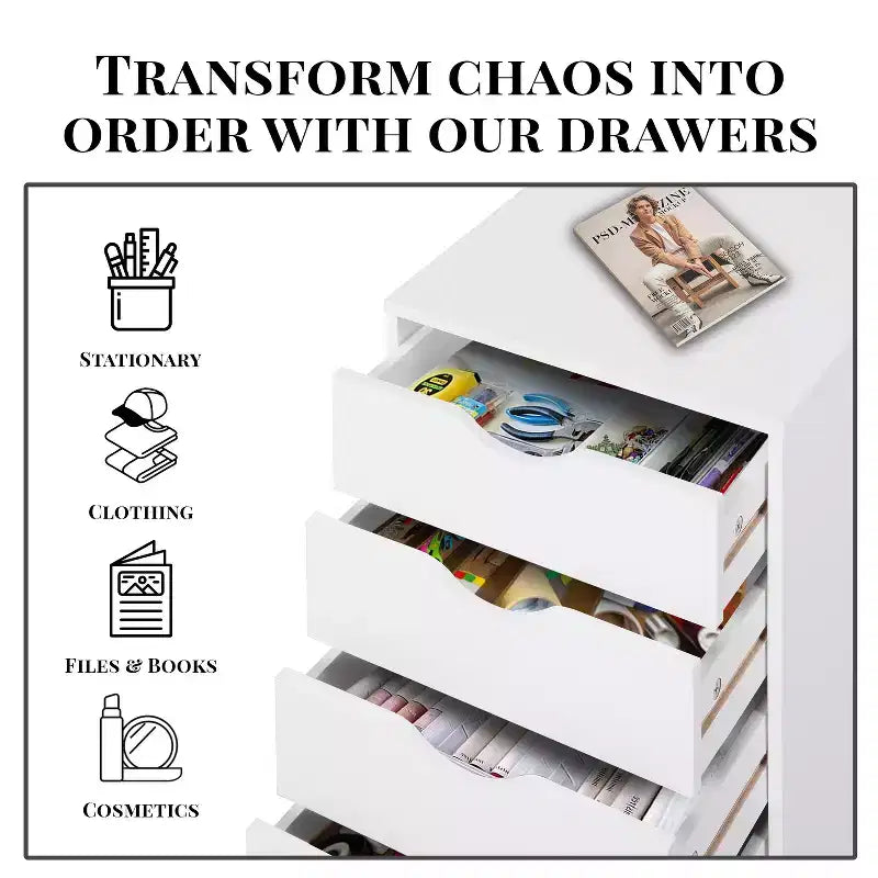 Meuble de rangement à 5 tiroirs pour documents, rangement intelligent avec séparateurs réglables, roulettes verrouillables et glissières fluides