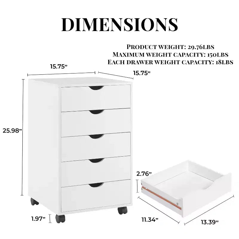 Meuble de rangement à 5 tiroirs pour documents, rangement intelligent avec séparateurs réglables, roulettes verrouillables et glissières fluides