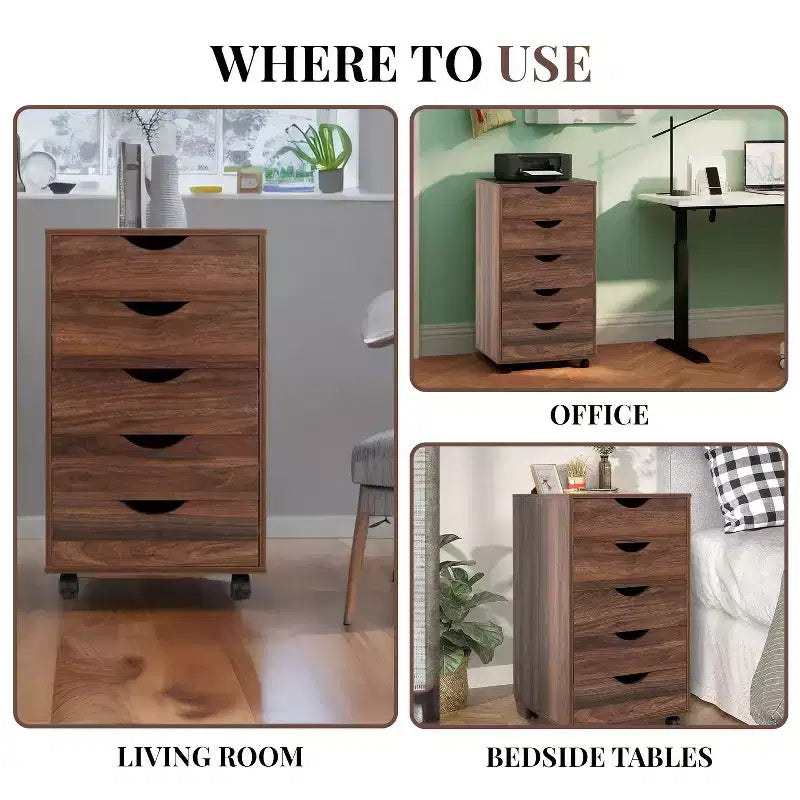 Meuble de rangement à 5 tiroirs pour documents, rangement intelligent avec séparateurs réglables, roulettes verrouillables et glissières fluides