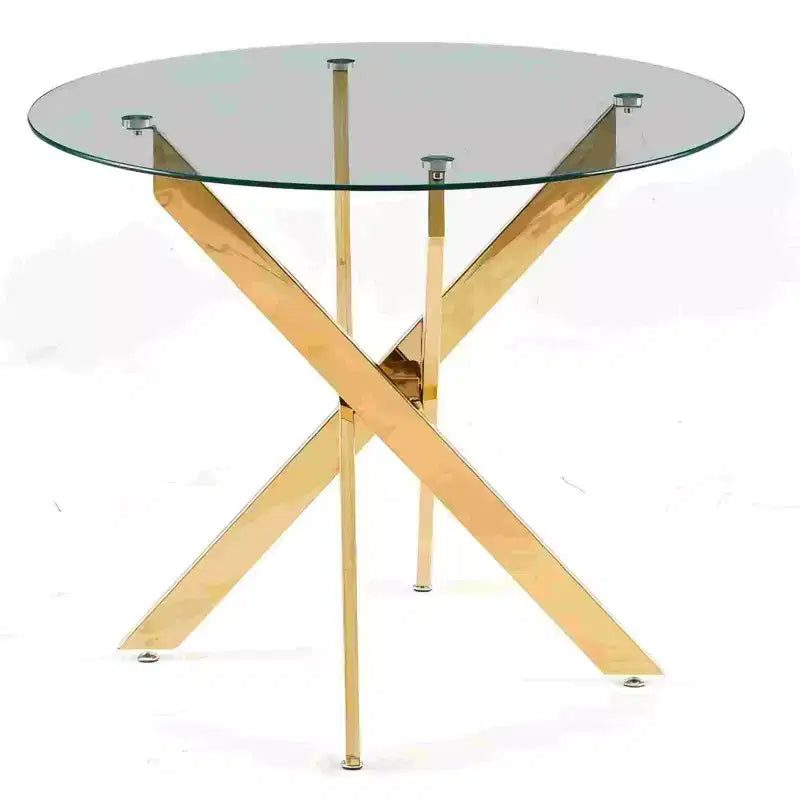 Table à manger avec pieds croisés en métal et plateau en verre, table de cuisine moderne peu encombrante pour salon