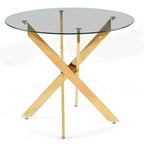 Table à manger avec pieds croisés en métal et plateau en verre, table de cuisine moderne peu encombrante pour salon