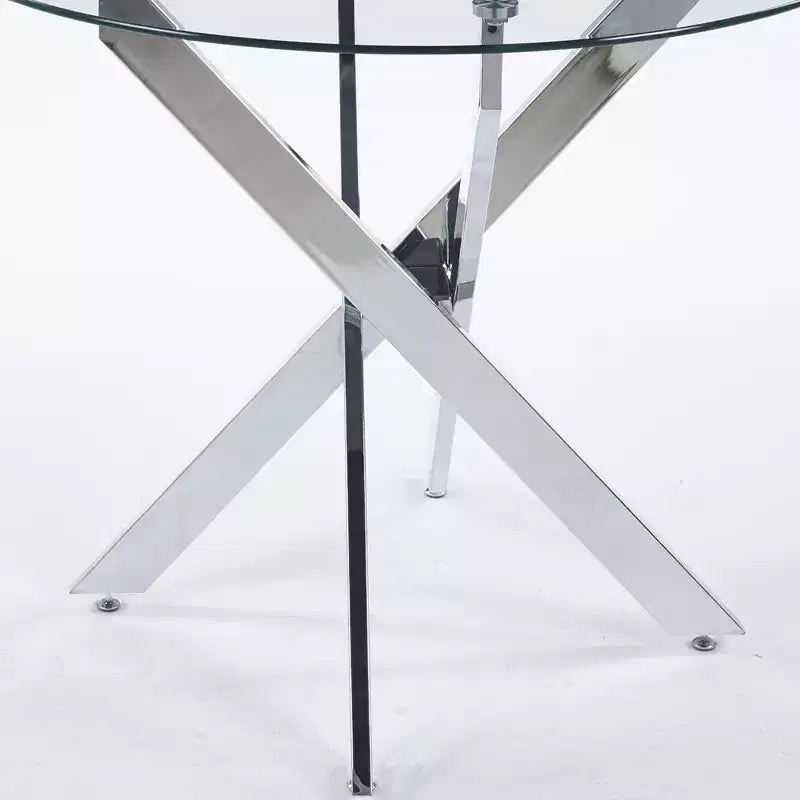 Table à manger avec pieds croisés en métal et plateau en verre, table de cuisine moderne peu encombrante pour salon