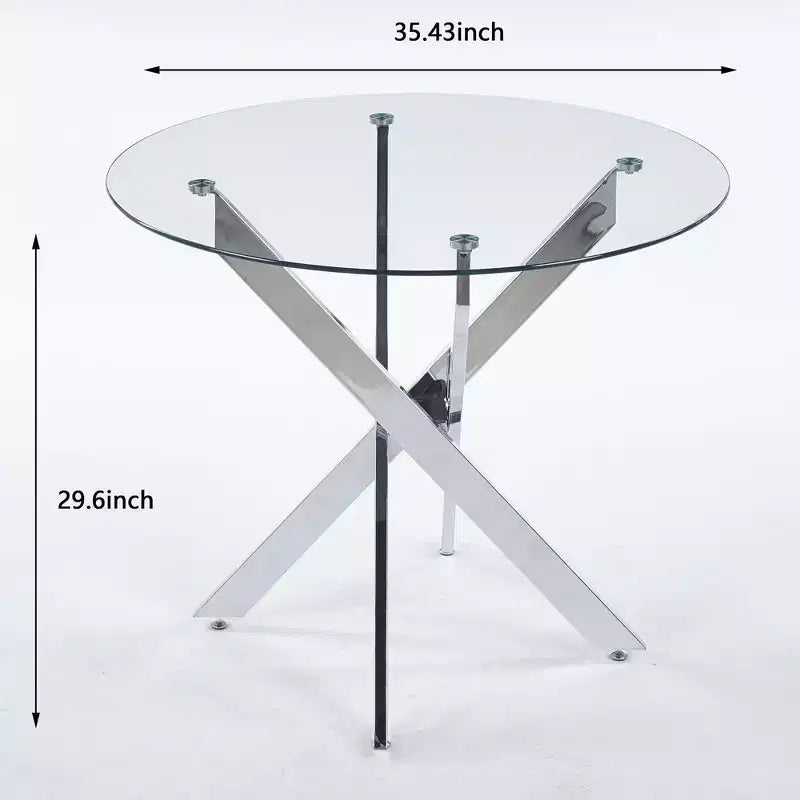 Table à manger avec pieds croisés en métal et plateau en verre, table de cuisine moderne peu encombrante pour salon