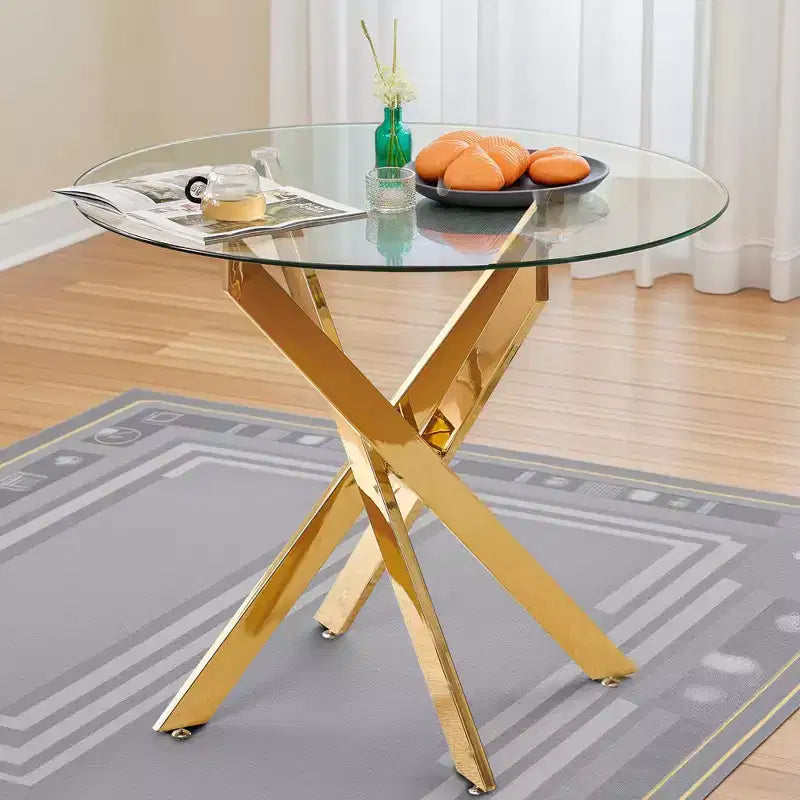 Dining Table with Cross Metal Leg and Glass,Modern Space Saving Kitchen Table for Living Room