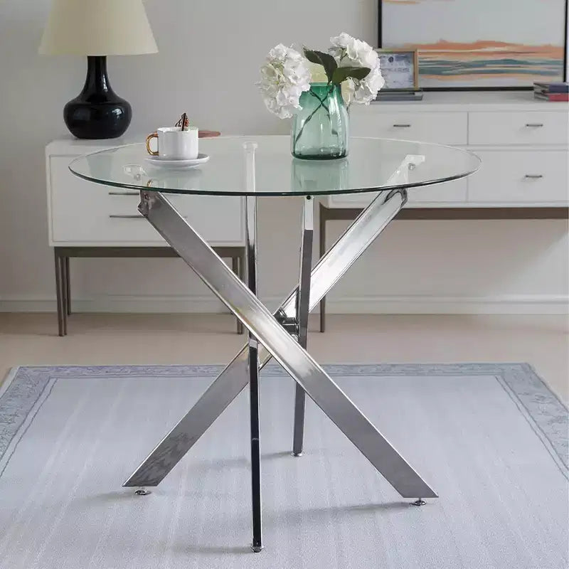 Table à manger avec pieds croisés en métal et plateau en verre, table de cuisine moderne peu encombrante pour salon