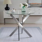 Table à manger avec pieds croisés en métal et plateau en verre, table de cuisine moderne peu encombrante pour salon