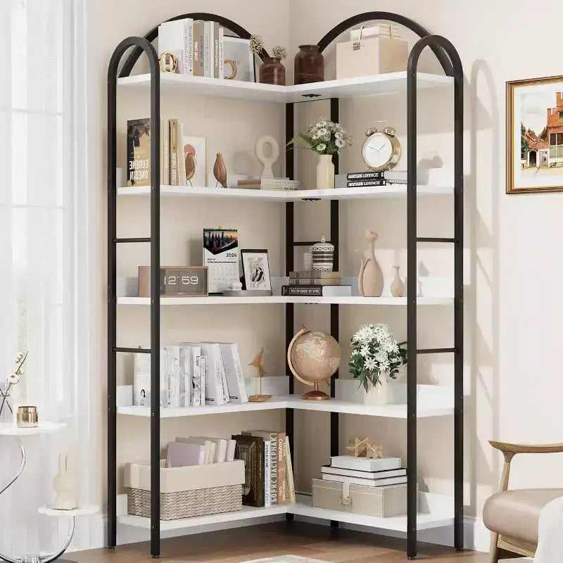 Corner Bookshelf, L Shaped Bookshelf Arched 5 Tier Corner Shelf with Metal Frame for Living Room Bedroom