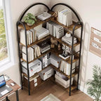 Étagère d'angle, étagère en forme de L arquée à 5 niveaux avec cadre métallique pour salon chambre à coucher