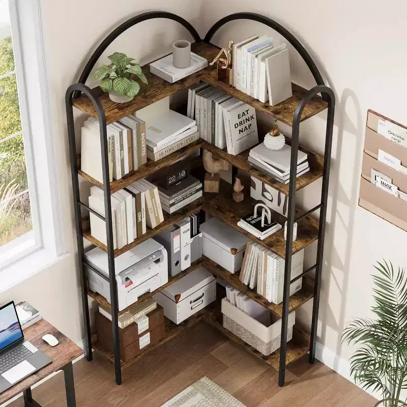Étagère d'angle, étagère en forme de L arquée à 5 niveaux avec cadre métallique pour salon chambre à coucher