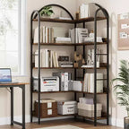 Étagère d'angle, étagère en forme de L arquée à 5 niveaux avec cadre métallique pour salon chambre à coucher