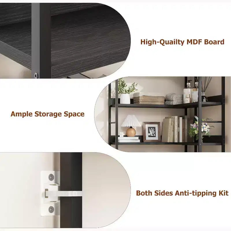 Étagère d'angle, étagère en forme de L arquée à 5 niveaux avec cadre métallique pour salon chambre à coucher