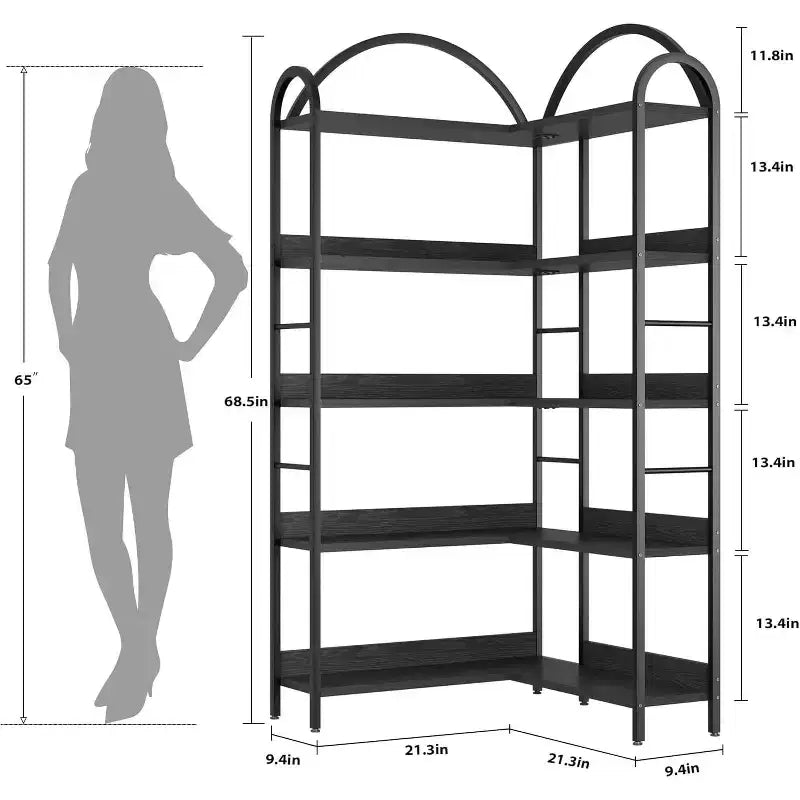 Étagère d'angle, étagère en forme de L arquée à 5 niveaux avec cadre métallique pour salon chambre à coucher