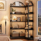 Étagère d'angle, étagère en forme de L arquée à 5 niveaux avec cadre métallique pour salon chambre à coucher