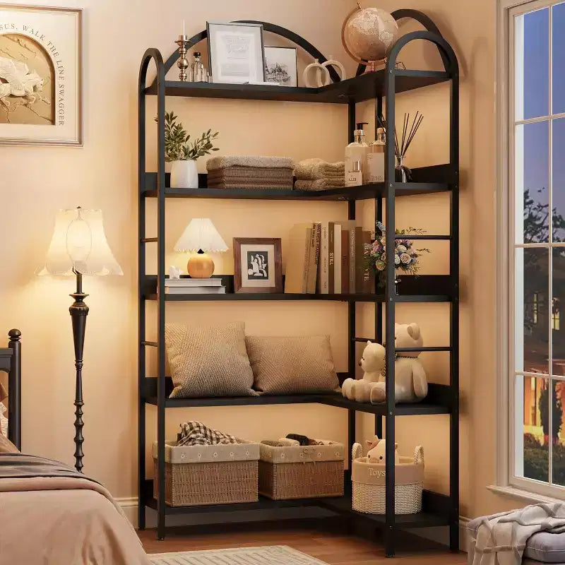 Étagère d'angle, étagère en forme de L arquée à 5 niveaux avec cadre métallique pour salon chambre à coucher