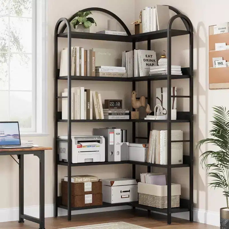 Étagère d'angle, étagère en forme de L arquée à 5 niveaux avec cadre métallique pour salon chambre à coucher