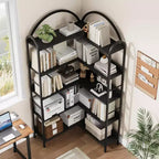Étagère d'angle, étagère en forme de L arquée à 5 niveaux avec cadre métallique pour salon chambre à coucher