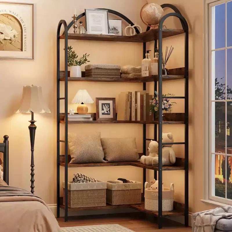 Étagère d'angle, étagère en forme de L arquée à 5 niveaux avec cadre métallique pour salon chambre à coucher