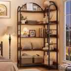 Étagère d'angle, étagère en forme de L arquée à 5 niveaux avec cadre métallique pour salon chambre à coucher