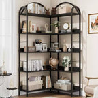 Étagère d'angle, étagère en forme de L arquée à 5 niveaux avec cadre métallique pour salon chambre à coucher