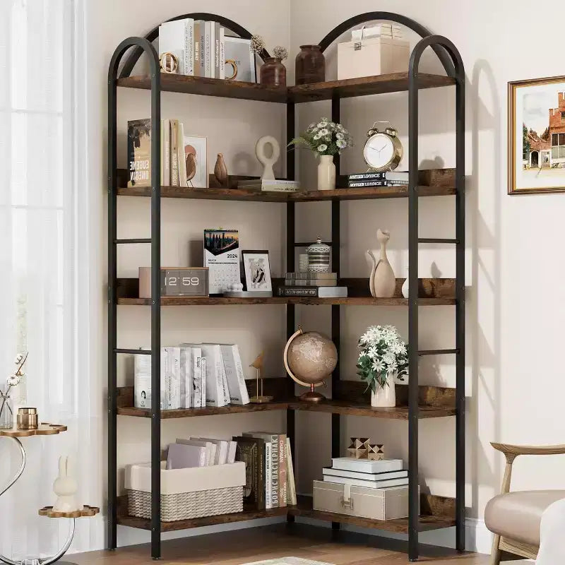 Étagère d'angle, étagère en forme de L arquée à 5 niveaux avec cadre métallique pour salon chambre à coucher