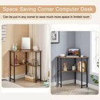VECELO Bureau d'angle, table d'angle avec cadre en acier pour petit espace, forme triangulaire, marron