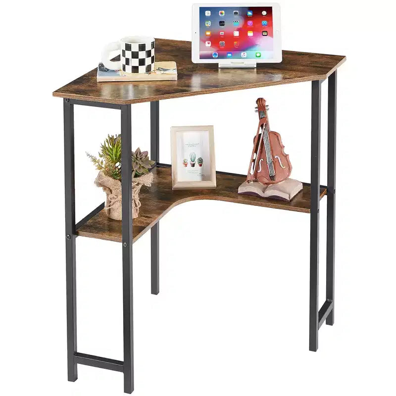VECELO Bureau d'angle, table d'angle avec cadre en acier pour petit espace, forme triangulaire, marron