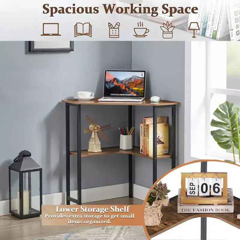 VECELO Bureau d'angle, table d'angle avec cadre en acier pour petit espace, forme triangulaire, marron
