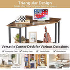 VECELO Bureau d'angle, table d'angle avec cadre en acier pour petit espace, forme triangulaire, marron