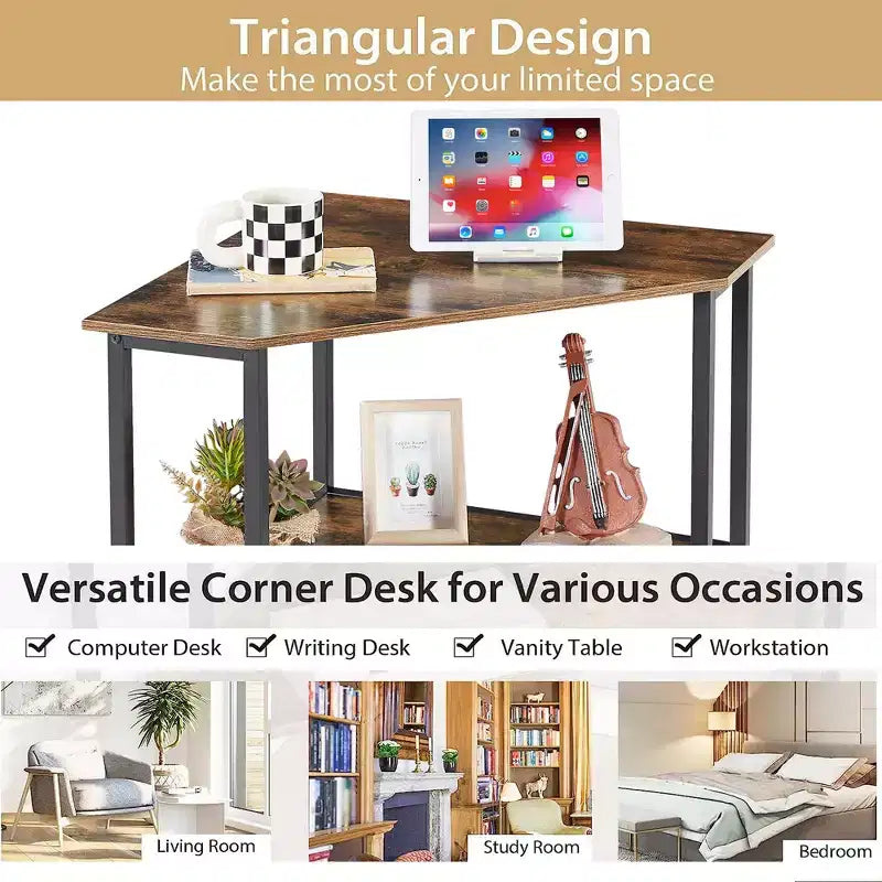 VECELO Bureau d'angle, table d'angle avec cadre en acier pour petit espace, forme triangulaire, marron