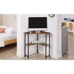 VECELO Bureau d'angle, table d'angle avec cadre en acier pour petit espace, forme triangulaire, marron
