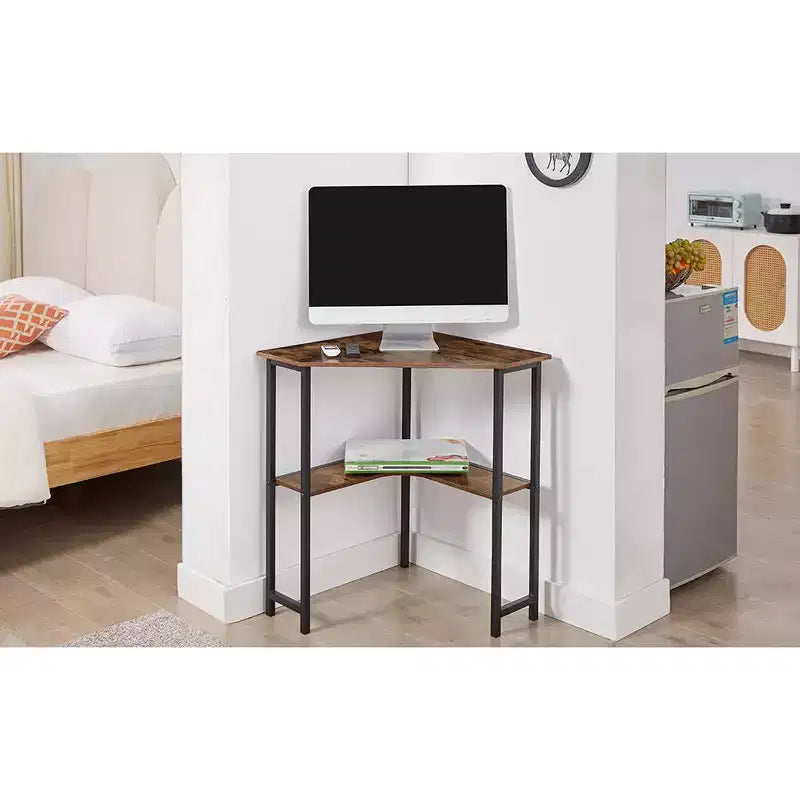 VECELO Bureau d'angle, table d'angle avec cadre en acier pour petit espace, forme triangulaire, marron