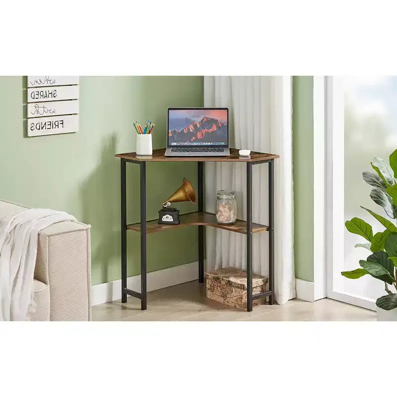 VECELO Bureau d'angle, table d'angle avec cadre en acier pour petit espace, forme triangulaire, marron
