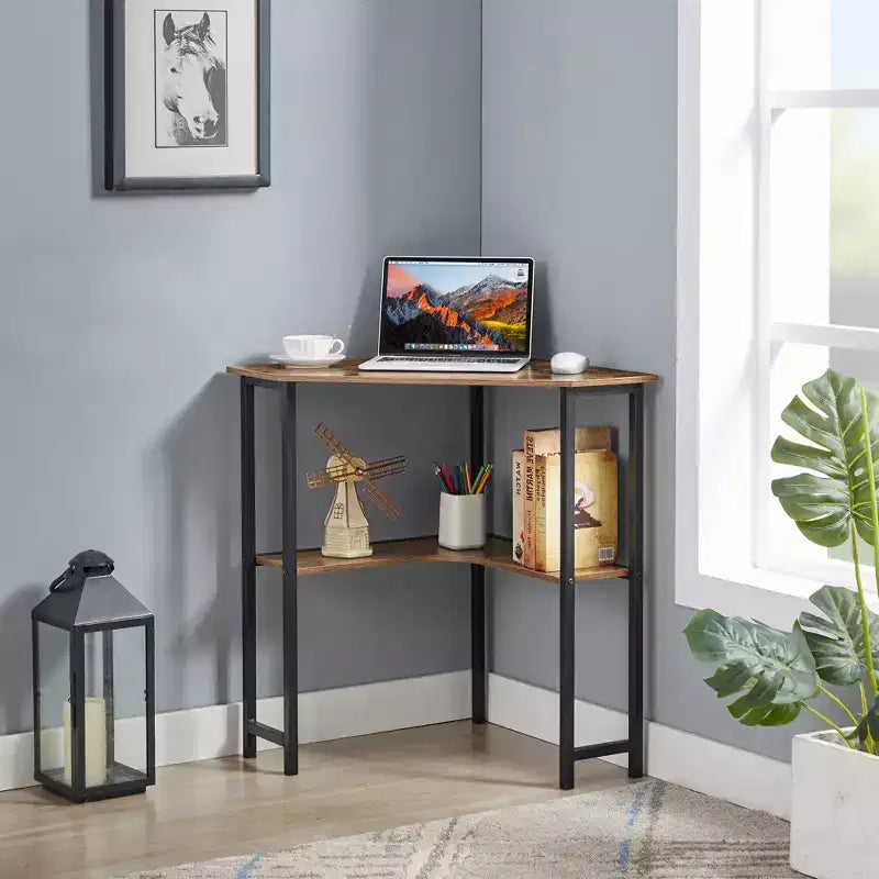 VECELO Bureau d'angle, table d'angle avec cadre en acier pour petit espace, forme triangulaire, marron
