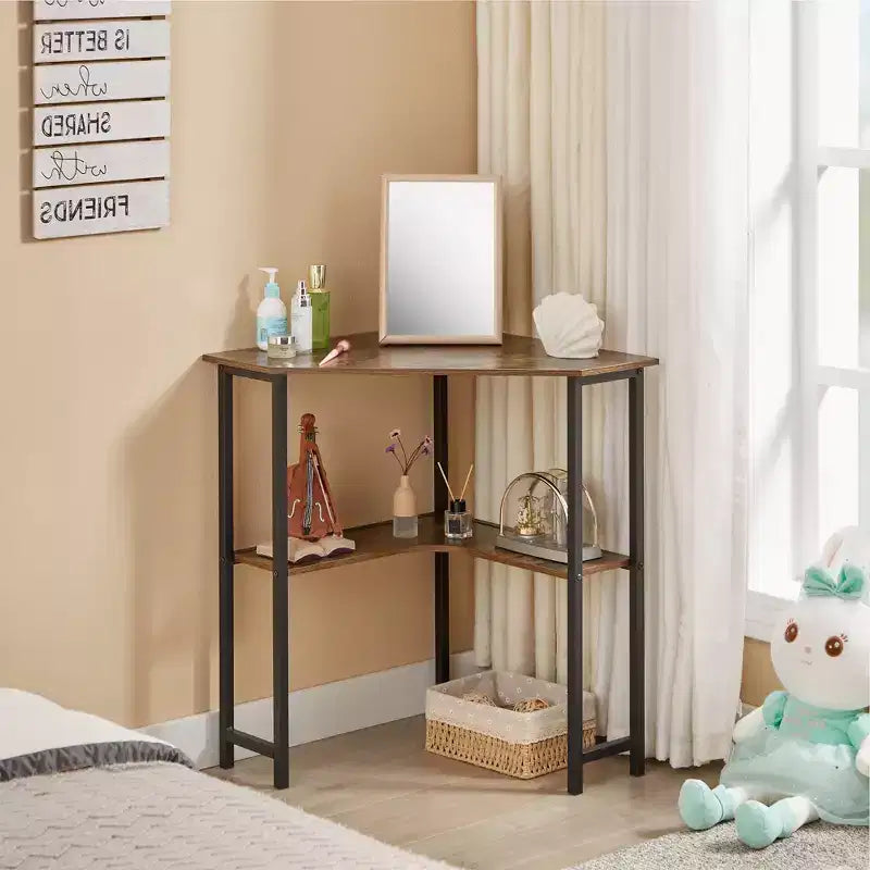 VECELO Bureau d'angle, table d'angle avec cadre en acier pour petit espace, forme triangulaire, marron