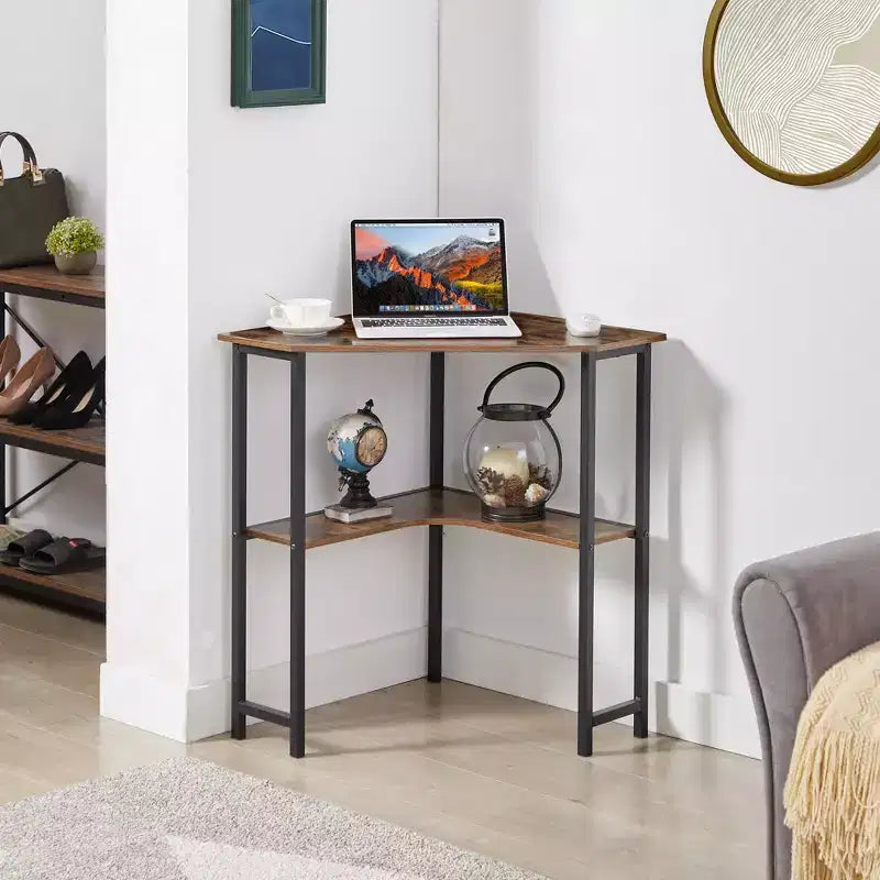 VECELO Bureau d'angle, table d'angle avec cadre en acier pour petit espace, forme triangulaire, marron
