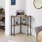 VECELO Bureau d'angle, table d'angle avec cadre en acier pour petit espace, forme triangulaire, marron