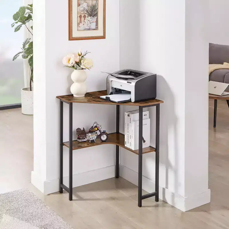 VECELO Bureau d'angle, table d'angle avec cadre en acier pour petit espace, forme triangulaire, marron
