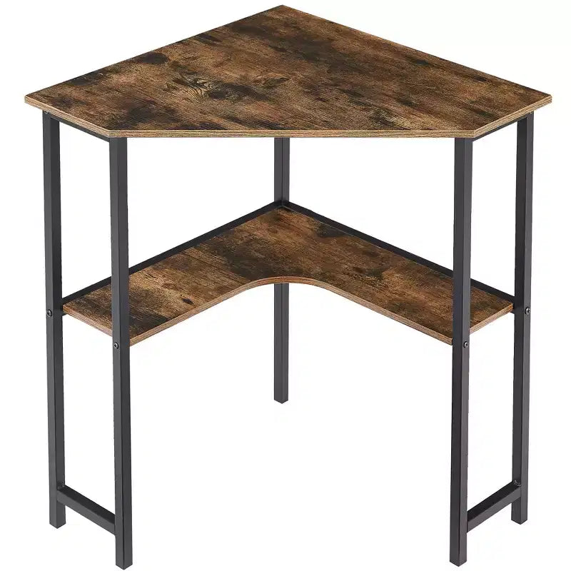 VECELO Bureau d'angle, table d'angle avec cadre en acier pour petit espace, forme triangulaire, marron