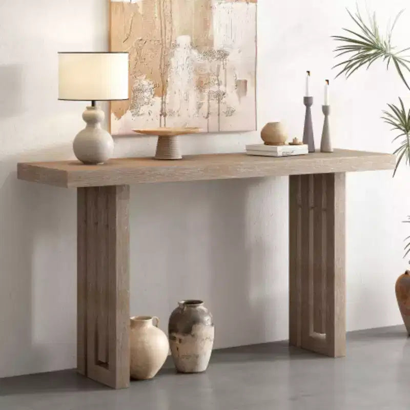Console en placage de chêne au design unique avec des formes latérales distinctives, adaptée pour l'entrée, le couloir, le salon, le hall ou le vestibule.