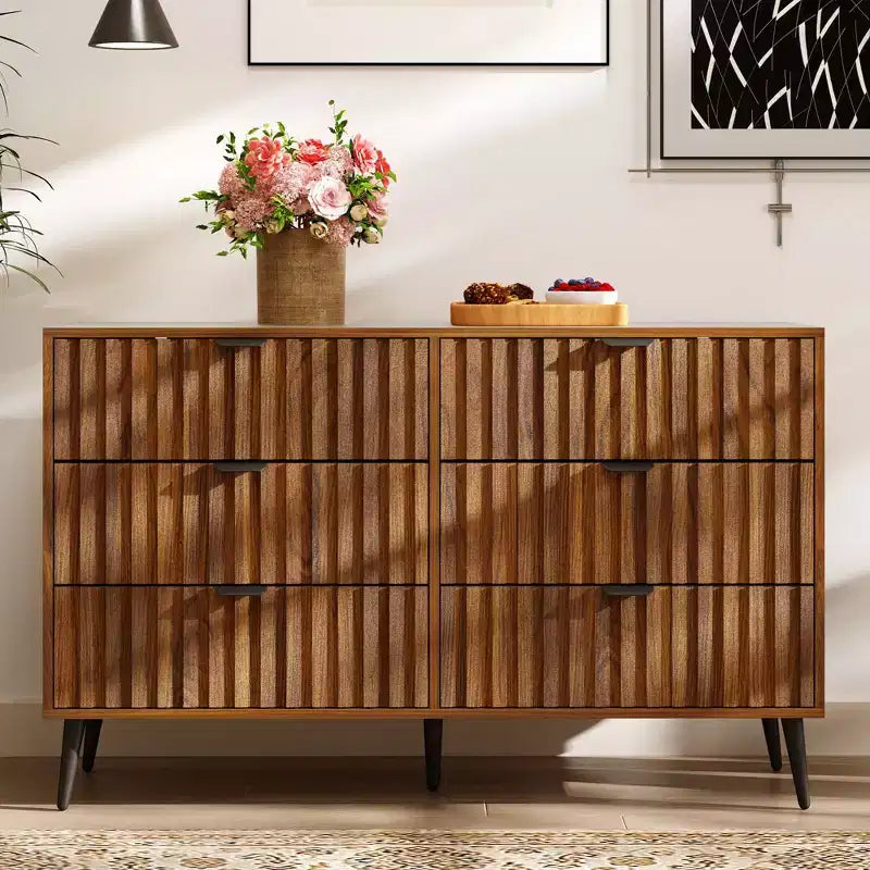 Commode 6 tiroirs cannelés 47", commodes modernes pour chambre à coucher, commode de rangement en bois avec tiroirs à bulles, marron