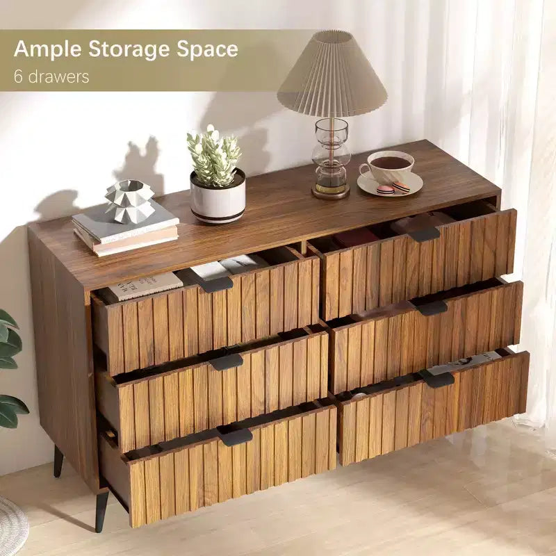 Commode 6 tiroirs cannelés 47", commodes modernes pour chambre à coucher, commode de rangement en bois avec tiroirs à bulles, marron