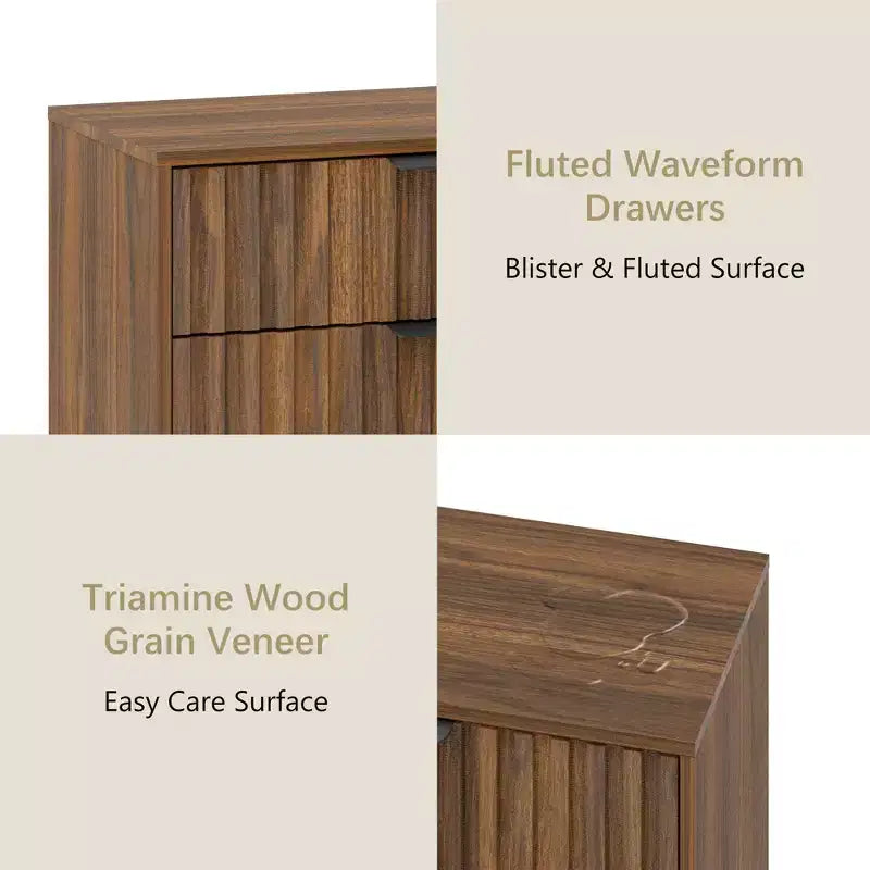 Commode 6 tiroirs cannelés 47", commodes modernes pour chambre à coucher, commode de rangement en bois avec tiroirs à bulles, marron