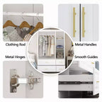 Armoire blanche Hitow, garde-robe moderne minimaliste, motifs à lignes, accessoires dorés